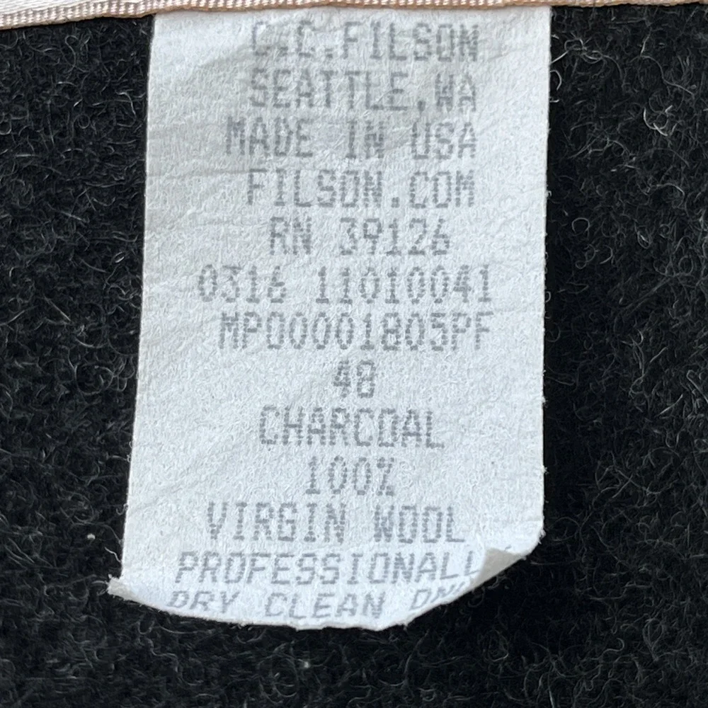 Filson Double Mackinaw Cruiser Size 48 Made In USA Charcoal Color